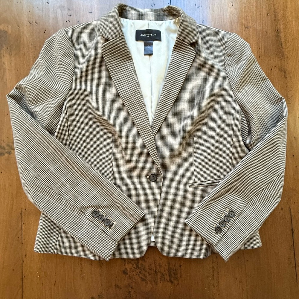Vintage 90s y2k Ann Taylor Cool Girl Women's Blazer Brown Cream Plaid Tailored